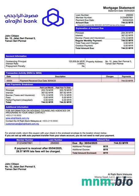 Malezja Al Rajhi Bank Malaysia wyciąg z kredytu hipotecznego szablon Word i PDF